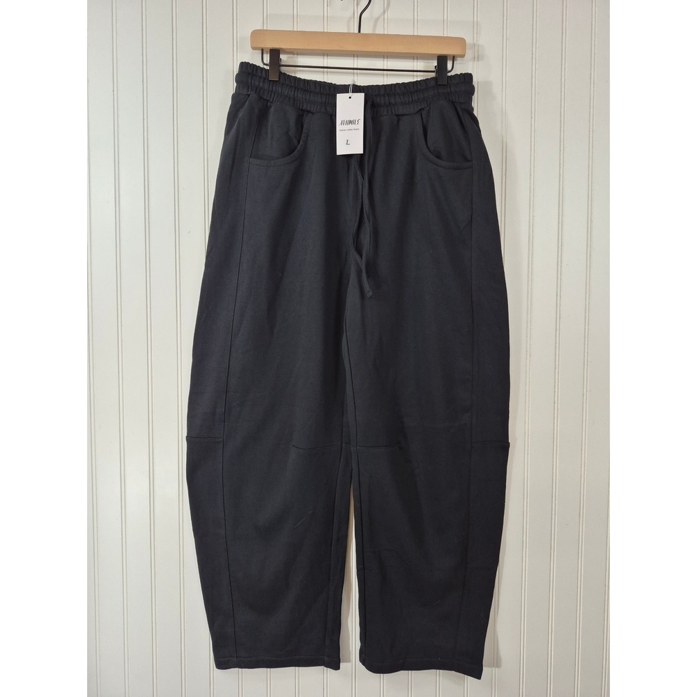 NWT Athmile Black Barrel Leg Sweatpants High Waist Drawstring Joggers L 33x28